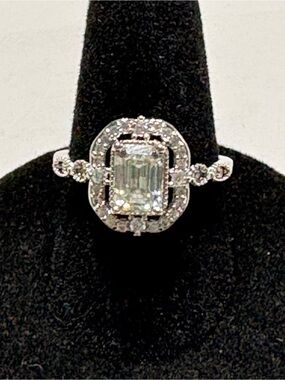 Emerald-Cut Halo Solitaire Ring Moissanite and Silver